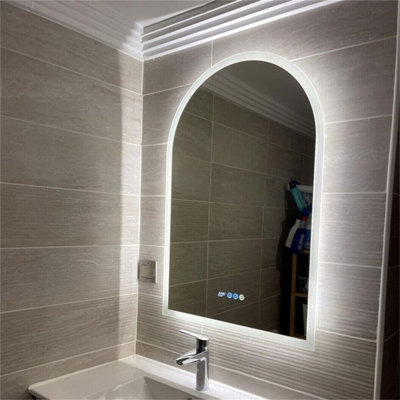 LUVODI 60x90cm Vertical Arch-Shape LED Bathroom Mirror Backlit Frameless Lighted Mirror w/ Date and Time, Temperature, 3 Colors