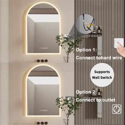 LUVODI 60x90cm Vertical Arch-Shape LED Bathroom Mirror Backlit Frameless Lighted Mirror w/ Date and Time, Temperature, 3 Colors