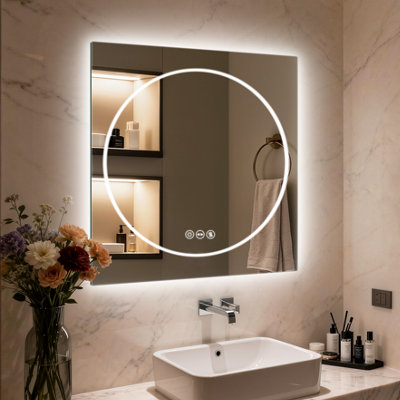 LUVODI 70x70cm LED Bathroom Mirror Tempered Glass Vanity Mirror Anti-fog, Tri-Color Dimmable Lights
