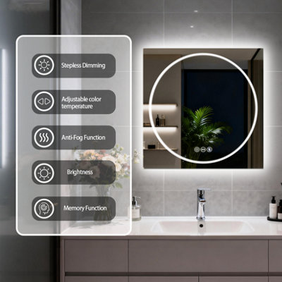 LUVODI 70x70cm LED Bathroom Mirror Tempered Glass Vanity Mirror Anti-fog, Tri-Color Dimmable Lights