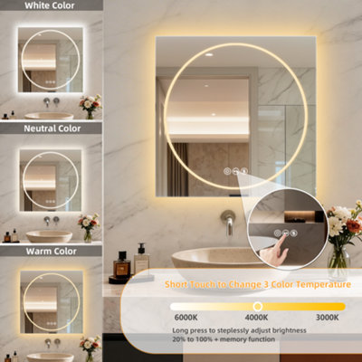 LUVODI 70x70cm LED Bathroom Mirror Tempered Glass Vanity Mirror Anti-fog, Tri-Color Dimmable Lights