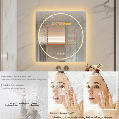 LUVODI 70x70cm LED Bathroom Mirror Tempered Glass Vanity Mirror Anti-fog, Tri-Color Dimmable Lights