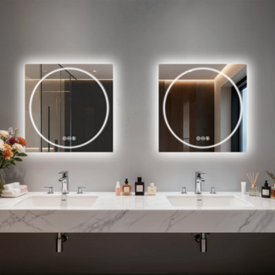 LUVODI 70x70cm LED Bathroom Mirror Tempered Glass Vanity Mirror Anti-fog, Tri-Color Dimmable Lights