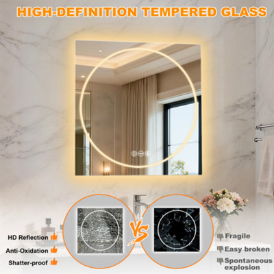LUVODI 70x70cm LED Bathroom Mirror Tempered Glass Vanity Mirror Anti-fog, Tri-Color Dimmable Lights