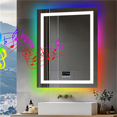LUVODI 70x90cm Bluetooth RGB LED Bathroom Mirror Built-in 2 Speaker Smart Vanity Mirror, Anti Fog, Date & Time