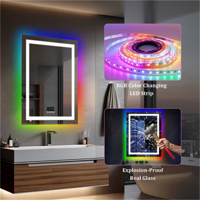LUVODI 70x90cm Bluetooth RGB LED Bathroom Mirror Built-in 2 Speaker ...