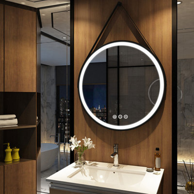 LUVODI 800mm Large Round LED Bathroom Mirror Light Dimmable Anti-Fog Makeup Wall Mirror Black