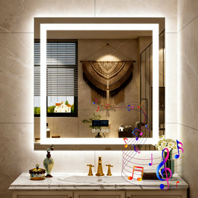 LUVODI 800mm Square Bluetooth Bathroom Mirror with LED Lights Dimmable ...