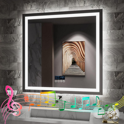 LUVODI 800mm Square Bluetooth Bathroom Mirror with LED Lights Dimmable Front Light + Backlit, Anti-fog