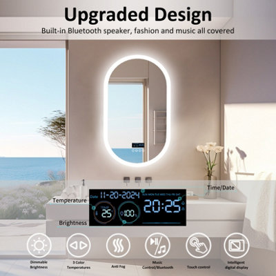 LUVODI 800x500mm Oval LED Bathroom Mirror Dual Bluetooth Speaker Audio Stereo Makeup Mirror,Dimmable,Backlit,Digital Display