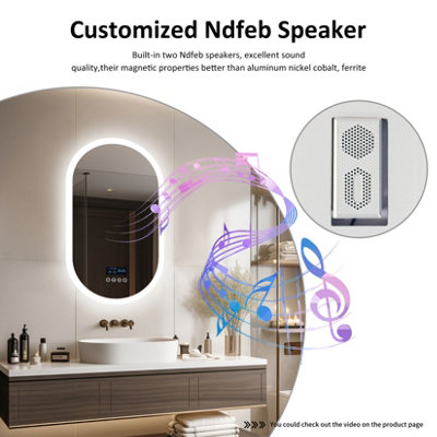 LUVODI 800x500mm Oval LED Bathroom Mirror Dual Bluetooth Speaker Audio Stereo Makeup Mirror,Dimmable,Backlit,Digital Display