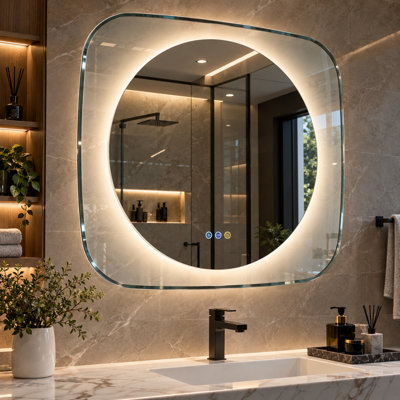 LUVODI 800x700mm Round LED Lighted Bathroom Mirror Clear Glass Edge Anti-fog Vanity Mirror Anti-Fog, Backlit Light