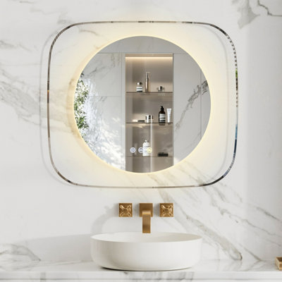LUVODI 800x700mm Round LED Lighted Bathroom Mirror Clear Glass Edge Anti-fog Vanity Mirror Anti-Fog, Backlit Light