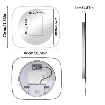 LUVODI 800x700mm Round LED Lighted Bathroom Mirror Clear Glass Edge Anti-fog Vanity Mirror Anti-Fog, Backlit Light