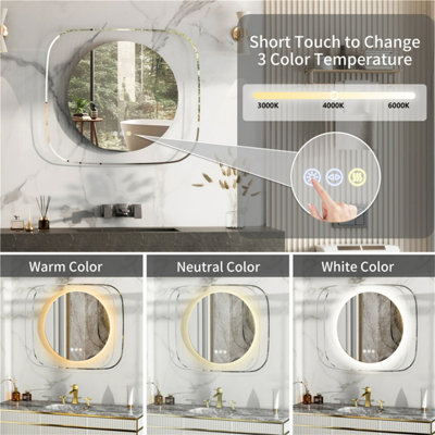 LUVODI 800x700mm Round LED Lighted Bathroom Mirror Clear Glass Edge Anti-fog Vanity Mirror Anti-Fog, Backlit Light
