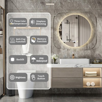LUVODI 800x700mm Round LED Lighted Bathroom Mirror Clear Glass Edge Anti-fog Vanity Mirror Anti-Fog, Backlit Light