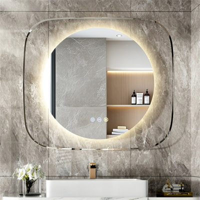 LUVODI 800x700mm Round LED Lighted Bathroom Mirror Clear Glass Edge Anti-fog Vanity Mirror Anti-Fog, Backlit Light