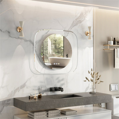 LUVODI 800x700mm Round LED Lighted Bathroom Mirror Clear Glass Edge Anti-fog Vanity Mirror Anti-Fog, Backlit Light