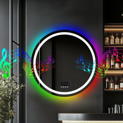 LUVODI 80CM RGB LED Bathroom Mirror with Bluetooth Speaker Round Vanity ...