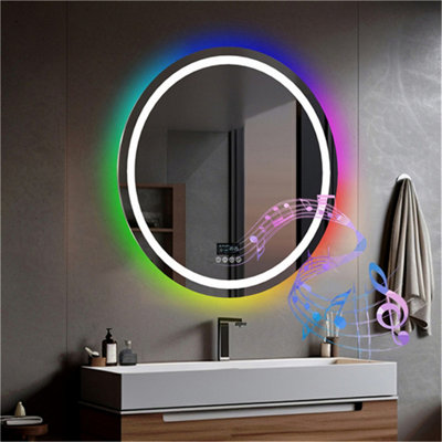 LUVODI 80CM RGB LED Bathroom Mirror with Bluetooth Speaker Round Vanity Mirror, Anti-Fog, Dimmable, Digital Display, Memory Functi