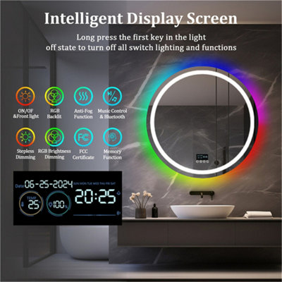 LUVODI 80CM RGB LED Bathroom Mirror with Bluetooth Speaker Round Vanity Mirror, Anti-Fog, Dimmable, Digital Display