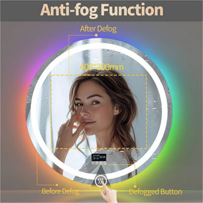 LUVODI 80CM RGB LED Bathroom Mirror with Bluetooth Speaker Round Vanity Mirror, Anti-Fog, Dimmable, Digital Display