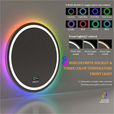 LUVODI 80CM RGB LED Bathroom Mirror with Bluetooth Speaker Round Vanity Mirror, Anti-Fog, Dimmable, Digital Display