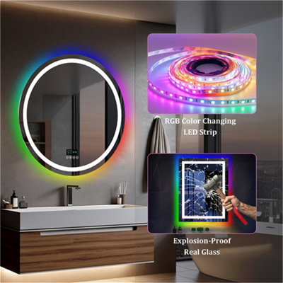 LUVODI 80CM RGB LED Bathroom Mirror with Bluetooth Speaker Round Vanity Mirror, Anti-Fog, Dimmable, Digital Display