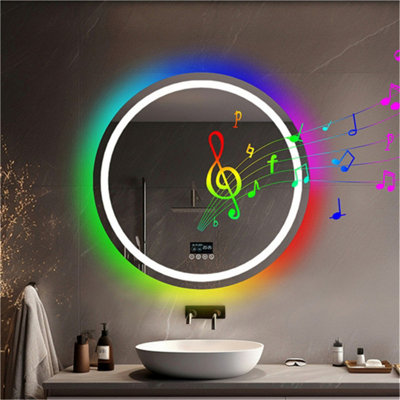 LUVODI 80CM RGB LED Bathroom Mirror with Bluetooth Speaker Round Vanity Mirror, Anti-Fog, Dimmable, Digital Display