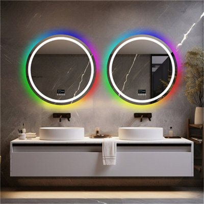 LUVODI 80CM RGB LED Bathroom Mirror with Bluetooth Speaker Round Vanity Mirror, Anti-Fog, Dimmable, Digital Display