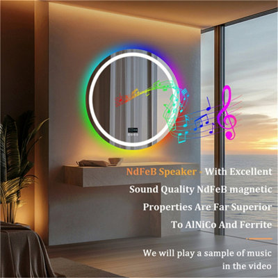 LUVODI 80CM RGB LED Bathroom Mirror with Bluetooth Speaker Round Vanity Mirror, Anti-Fog, Dimmable, Digital Display