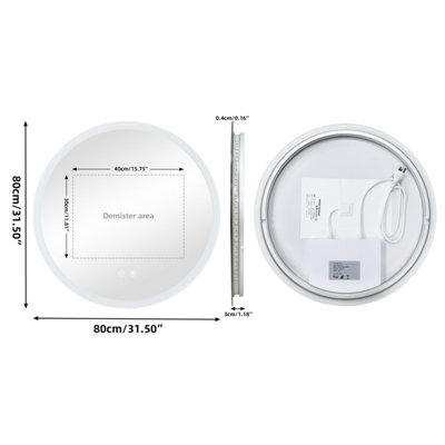 LUVODI 80cm Round Anti-Fog LED Bathroom Mirror Hotel Vanity Mirror with ...