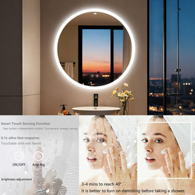 LUVODI 80cm Round Anti-Fog LED Bathroom Mirror Hotel Vanity Mirror with ...