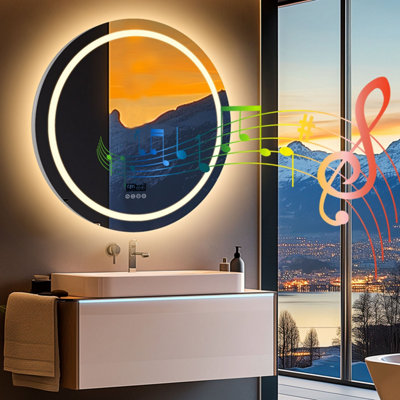 LUVODI 80CM Round Bluetooth LED Bathroom Mirror with Clock Demister 3 Color Lights Dimmable