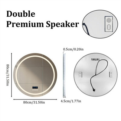 LUVODI 80CM Round Bluetooth LED Bathroom Mirror with Clock Demister 3 Color Lights Dimmable