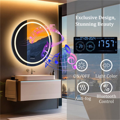 LUVODI 80CM Round Bluetooth LED Bathroom Mirror with Clock Demister 3 Color Lights Dimmable