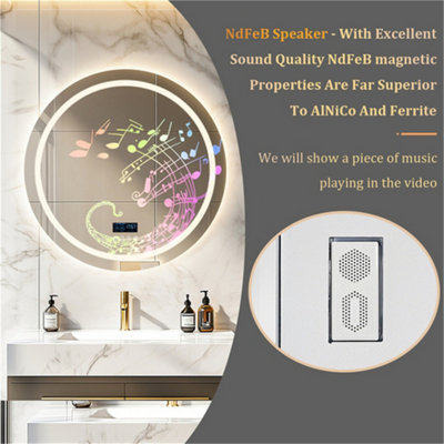 LUVODI 80CM Round Bluetooth LED Bathroom Mirror with Clock Demister 3 Color Lights Dimmable