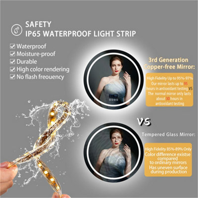 LUVODI 80CM Round Bluetooth LED Bathroom Mirror with Clock Demister 3 Color Lights Dimmable