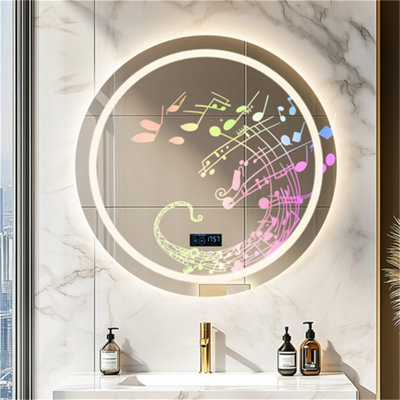 LUVODI 80CM Round Bluetooth LED Bathroom Mirror with Clock Demister 3 Color Lights Dimmable