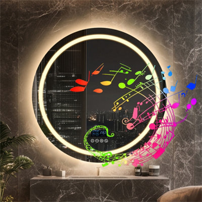 LUVODI 80CM Round Bluetooth LED Bathroom Mirror with Clock Demister 3 Color Lights Dimmable