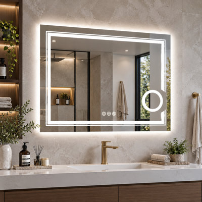 LUVODI 80x60cm Anti-fog LED Bathroom Mirror 3X Magnifier Vanity Shaving Mirror Dimmable 3 Colours Front Light + Backlit