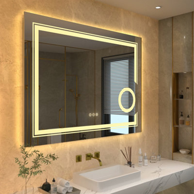 LUVODI 80x60cm Anti-fog LED Bathroom Mirror 3X Magnifier Vanity Shaving Mirror Dimmable 3 Colours Front Light + Backlit