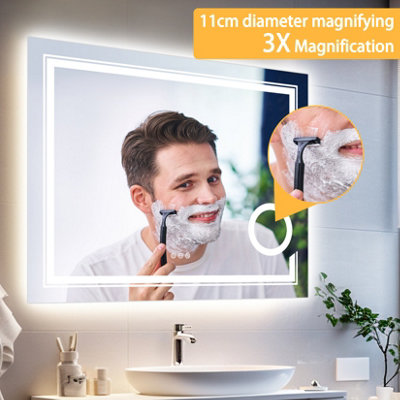 LUVODI 80x60cm Anti-fog LED Bathroom Mirror 3X Magnifier Vanity Shaving Mirror Dimmable 3 Colours Front Light + Backlit
