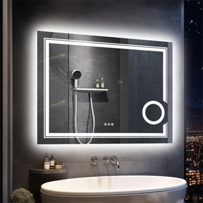 LUVODI 80x60cm Anti-fog LED Bathroom Mirror 3X Magnifier Vanity Shaving Mirror Dimmable 3 Colours Front Light + Backlit