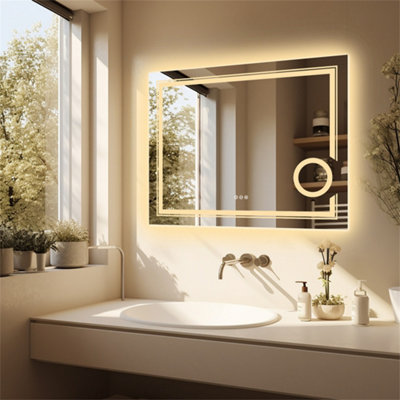 LUVODI 80x60cm Anti-fog LED Bathroom Mirror 3X Magnifier Vanity Shaving Mirror Dimmable 3 Colours Front Light + Backlit