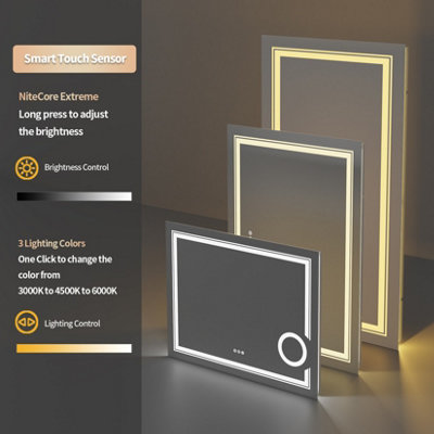 LUVODI 80x60cm Anti-fog LED Bathroom Mirror 3X Magnifier Vanity Shaving Mirror Dimmable 3 Colours Front Light + Backlit
