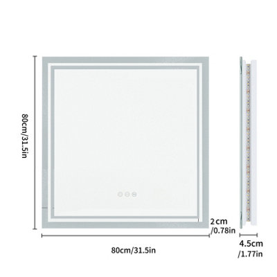 LUVODI 80x80cm LED Lighted Bathroom Mirror Backlit Smart Anti-fog Vanity Mirror, Wall Switch or Plug-In