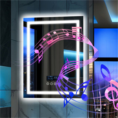 LUVODI LED Bathroom Mirror with 3 Color Lights/Bluetooth Speaker/Demister/Time Display