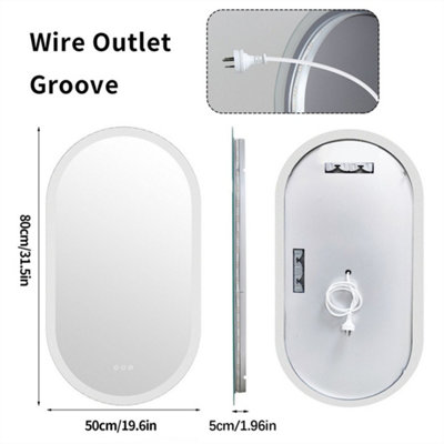 LUVODI Long Oval Bathroom LED Wall Mirror Makeup Mirrors, Backlit, Dimmable, 3 Lights, Anti-fog 80x50cm