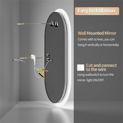 LUVODI Long Oval Bathroom LED Wall Mirror Makeup Mirrors, Backlit, Dimmable, 3 Lights, Anti-fog 80x50cm